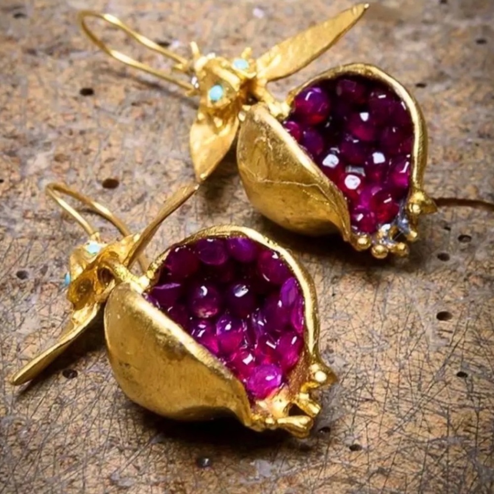 Gold Pomegranate Drop Earrings with Fuchsia Gem Accents
